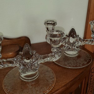 Heisey Double Candelabra Candle Holder Etched Base Meadow Wreath pattern Design