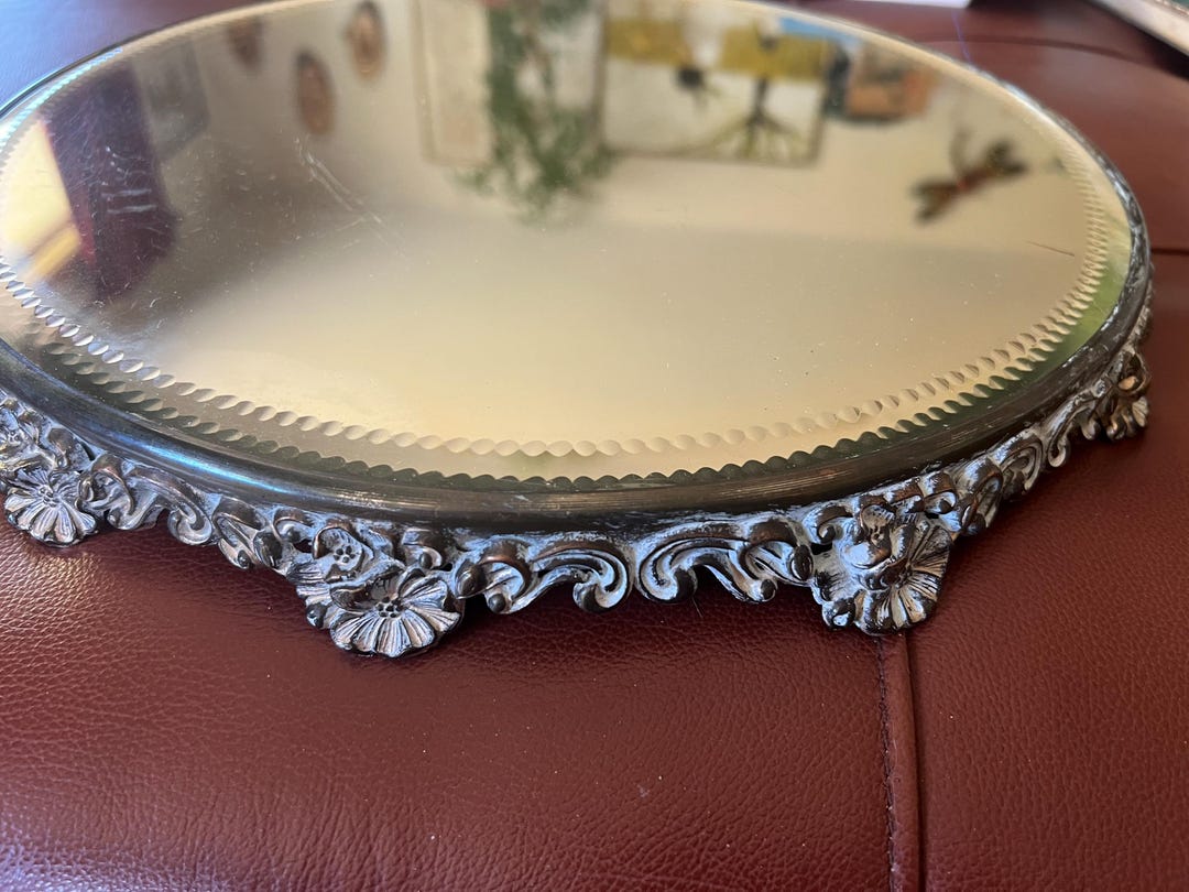 Antique 1920s Heavy Round Rococo Vanity Mirror Tray W/beveled Glass ...