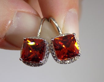 Red Cubic Zirconia Halo Drop Earrings, 10mm Vintage Fiery Red CZ Earrings, Retro Earrings, 70s Earrings