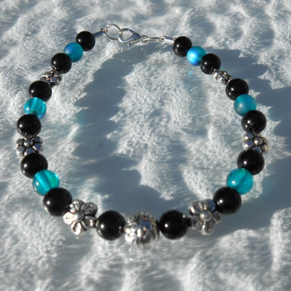 OOAK Black Onyx And Blue Glass Bead Bracelet| Sky| Ice| Ocean| Sterling Silver| Native American| Indian| Tribal Themed Talisman Jewelry