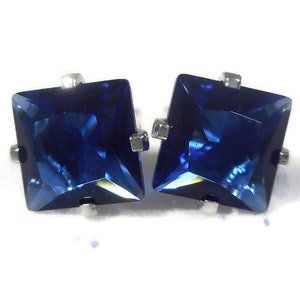 Simulated Blue Sapphire Square Stud Earrings, 6mm Princess Cut Sapphire Studs, Blue Square Sapphire Earrings, Birthstone Earrings