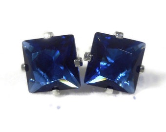 Simulated Blue Sapphire Square Stud Earrings, 6mm Princess Cut Sapphire Studs, Blue Square Sapphire Earrings, Birthstone Earrings