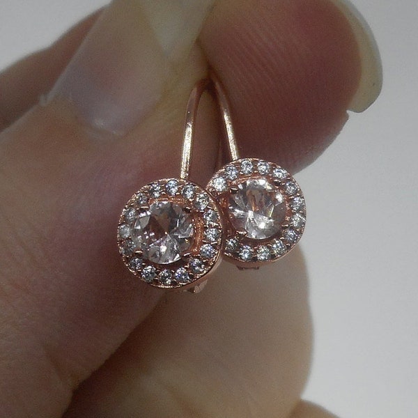 4mm Morganite Halo Rose Gold Lever Back Earrings