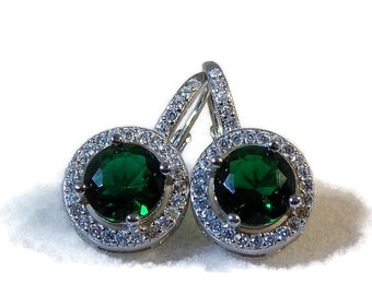 Emerald Halo Drop Earrings, Sterling Silver Lever Back Earrings, Vintage Earrings, Birthday Gift, May Birthstone