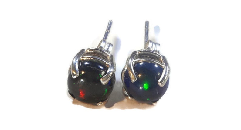 Black Fire Opal Stud Earrings,Genuine Black Opal Studs,7mm Opal Earrings,Sterling Silver Post,Real Black Opal Earrings,October Birthstone