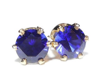 Blue Sapphire Stud Earrings, Genuine Sapphire Earrings, Blue Sapphire Studs, 6mm Gold Sapphire Earrings, Gift for Her