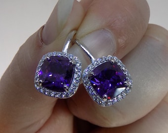 Amethyst Cubic Zirconia Halo Drop Earrings, 10mm Vintage Purple CZ Earrings, Retro Earrings, 70s Earrings