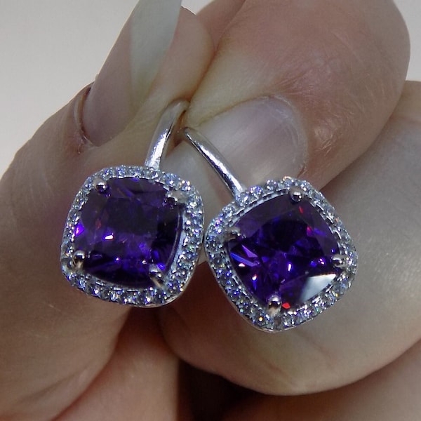 Amethyst Cubic Zirconia Halo Drop Earrings, 10mm Vintage Purple CZ Earrings, Retro Earrings, 70s Earrings