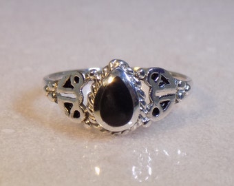 Natural Black Onyx Pear Shape Sterling Silver Ring, Southwestern Ring