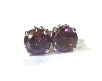 Rhodolite Cubic Zirconia Stud Earrings,6mm Rhodolite CZ Studs,Sterling Silver Post,Dark Pink Earrings,Gift for Her,Wedding Earrings