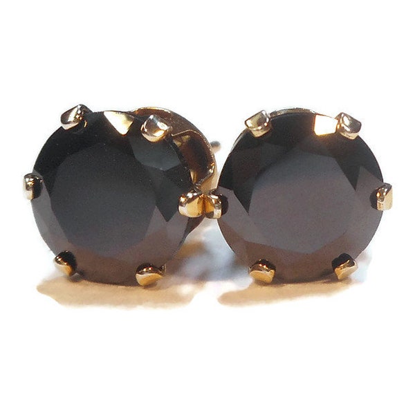 8mm Black Cubic Zirconia Stud Earrings, Black 14K Gold Studs, Gift for Her, Handmade Earrings