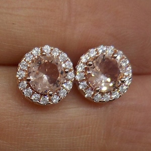 Morganite Halo Earrings,6mm Morganite Halo Studs,14K Gold Post,Bridal Earrings,Morganite Jewelry,Gift for Her,Gift Ideas