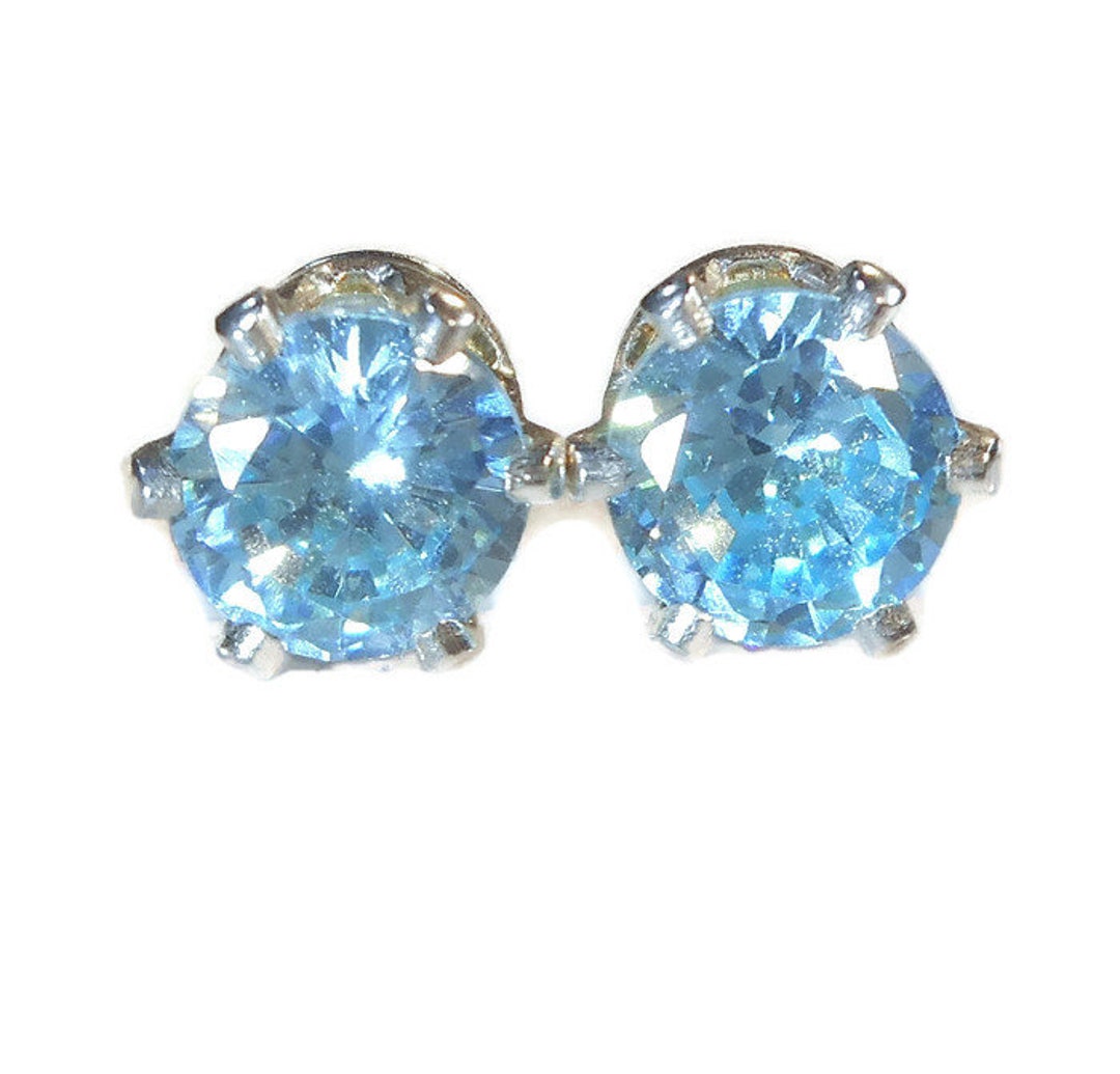 Blue Cubic Zirconia Stud Earrings, 6mm Light Blue Earrings, Sky Blue