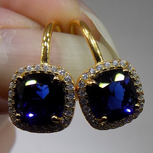 Sapphire Cushion Cut Square Halo Drop Earrings, 10mm Vintage Sapphire Earrings, Retro Earrings, 70s Earrings, Gold Earrings