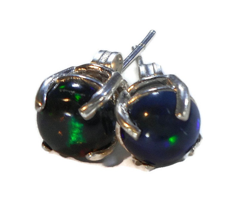Black Fire Opal Stud Earrings,Genuine Black Opal Studs,7mm Opal Earrings,Sterling Silver Post,Real Black Opal Earrings,October Birthstone