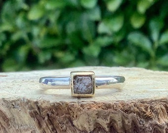 Raw Brown Diamond Silver and 18 kt Gold Ring, Rough Cube Diamond Engagement Ring, Rough Diamond Jewellery