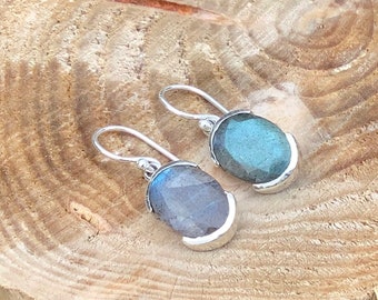 Gemstone Drop Earrings, Labradorite Silver Earrings, Gemstone Oval Stone Earrings, Blue Grey Stone Earrings