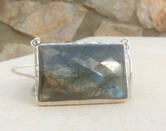 Gemstone Silver Statement Necklace, Large Labradorite Silver Pendant, Gift for Girlfriend