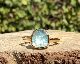 Aquamarine Gold Vermeil Ring, March Birthstone Jewellery, Raw Stone Ring, Gift For Her