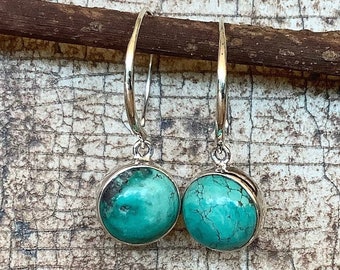 Womens Turquoise Silver Drop Earrings, Round Gemstone Drops, Mothers Day Gift, Threader December Birthstone Silver Earrings