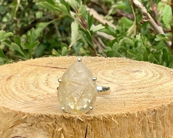 Golden Rutile Quartz Teardrop Silver Ring, Womens Large Gemstone Silver Statement Ring