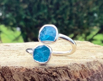 Blue Apatite Ring, Raw Gemstone Silver Ring, Double Stone Adjustable Jewellery, Gift for Her