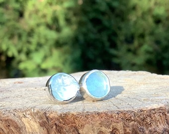 Raw Stone Studs, Aquamarine Silver Stud Earrings, Wedding Jewellery, March Birthstone Silver Jewellery