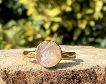 Raw Rose Quartz Gold Ring, Gold Vermeil Stone Ring, Rough Natural Gemstone, Gift for Her