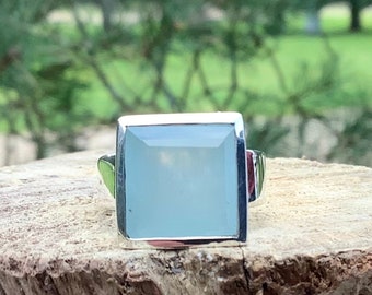 Square Aquamarine Silver Ring, March Birthstone Jewellery, Faceted Aquamarine, Gift for Women