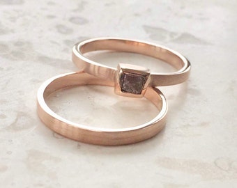 Raw Diamond 9 ct Rose Gold Engagement and Weddings Rings, Natural Diamond Gold Rings, Wedding Jewellery, Wedding And Engagement Ring Set