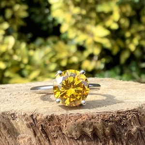 Yellow Gemstone Silver Stacking Rings, Cubic Zirconia Womens Round Stone Rings