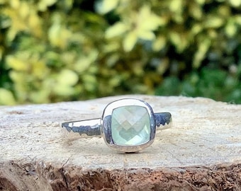 Prehnite Gemstone Silver Ring, Mens Pinky Ring, Green Square Stone Ring, Gift for Her