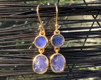 Tanzanite Gold Vermeil Drop Earrings, Womens Raw Gemstone Gold Drops, Gift For Mum