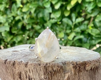 Womens Stone Silver Ring, Golden Rutile Quartz Teardrop Silver Ring, Large Gemstone Silver Statement Ring