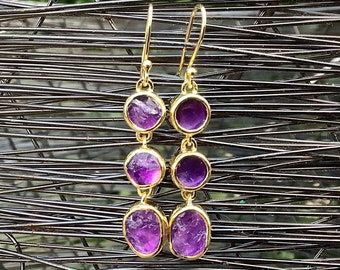 Raw Amethyst Gold Vermeil Earrings, Womens Gemstone Drops, February Birthstone, Christmas Gift for Wife or Girlfriend