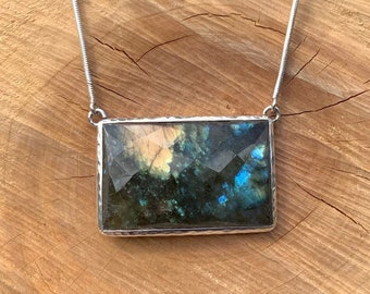 Large Labradorite Silver Pendant, Gemstone Statement Necklace, Gift for Her