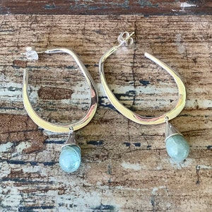 Large Gemstone Silver Earrings, Green Aquamarine Silver Womens Earrings, March Birthstone Gift or Present for Wife