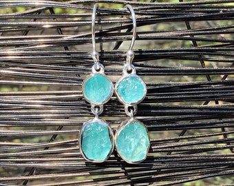 Bright Blue Gemstone Earrings, Raw Stone Silver Drops, Apatite Jewellery, Christmas Gift for Women