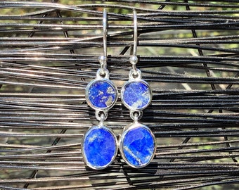 Gemstone Silver Earrings, Lapis Lazuli Sterling Drops, Blue Raw Gemstone, Gift for Women