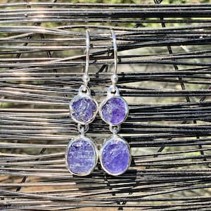Raw Tanzanite Sterling Silver Drop Earrings: December Birthstone