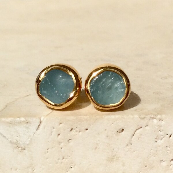 March Birthstone Earrings, Raw Aquamarine Gold Studs, Aquamarine Earrings