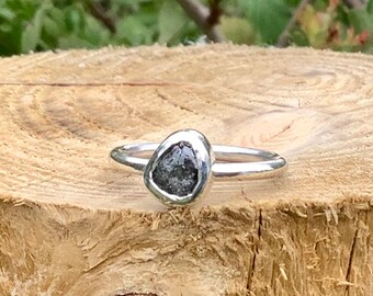 Raw Black Diamond Silver Ring, Natural Diamond Engagement Ring, Rough Diamond Womens Jewellery