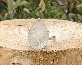 Womens Silver Gemstone Ring, Golden Rutile Quartz Teardrop Silver Ring, Womens Large Gemstone Silver Statement Ring