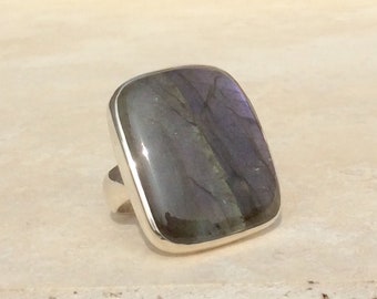 Womens Stone Silver Ring, Purple Labradorite Statement Ring, Silver Cocktail Ring