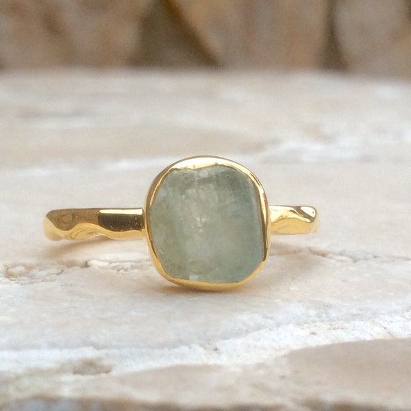Aquamarine Gold Ring, Rough Natural Gemstone, Ready to Ship
