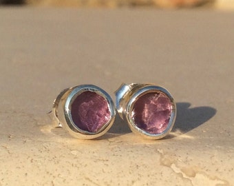 February Birthstone Gift Idea, Raw Gemstone Silver Studs, Amethyst Birthstone Stud Earrings, Gift for Mum or Sister, Purple Gemstone