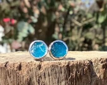 Raw Gemstone Silver Studs, Neon Blue Apatite Silver Stud Earrings, Gift for Wife or Girlfriend