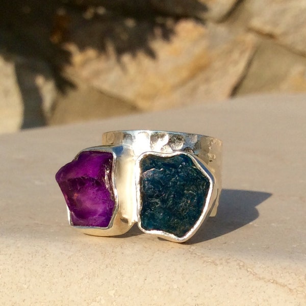 Raw Gemstone Hammered Silver Ring, Apatite and Amethyst Rough Stone Ring, Two Stone Ring