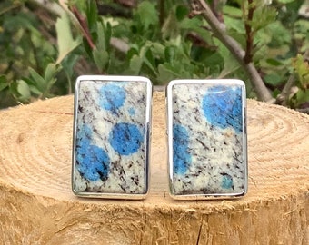 May include: A pair of silver earrings with rectangular blue and white stone settings.