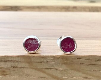 Mothers Day Gift, Raw Stone Studs, Ruby Silver Stud Earrings, July Birthstone Silver Jewellery, Natural Gemstone Studs